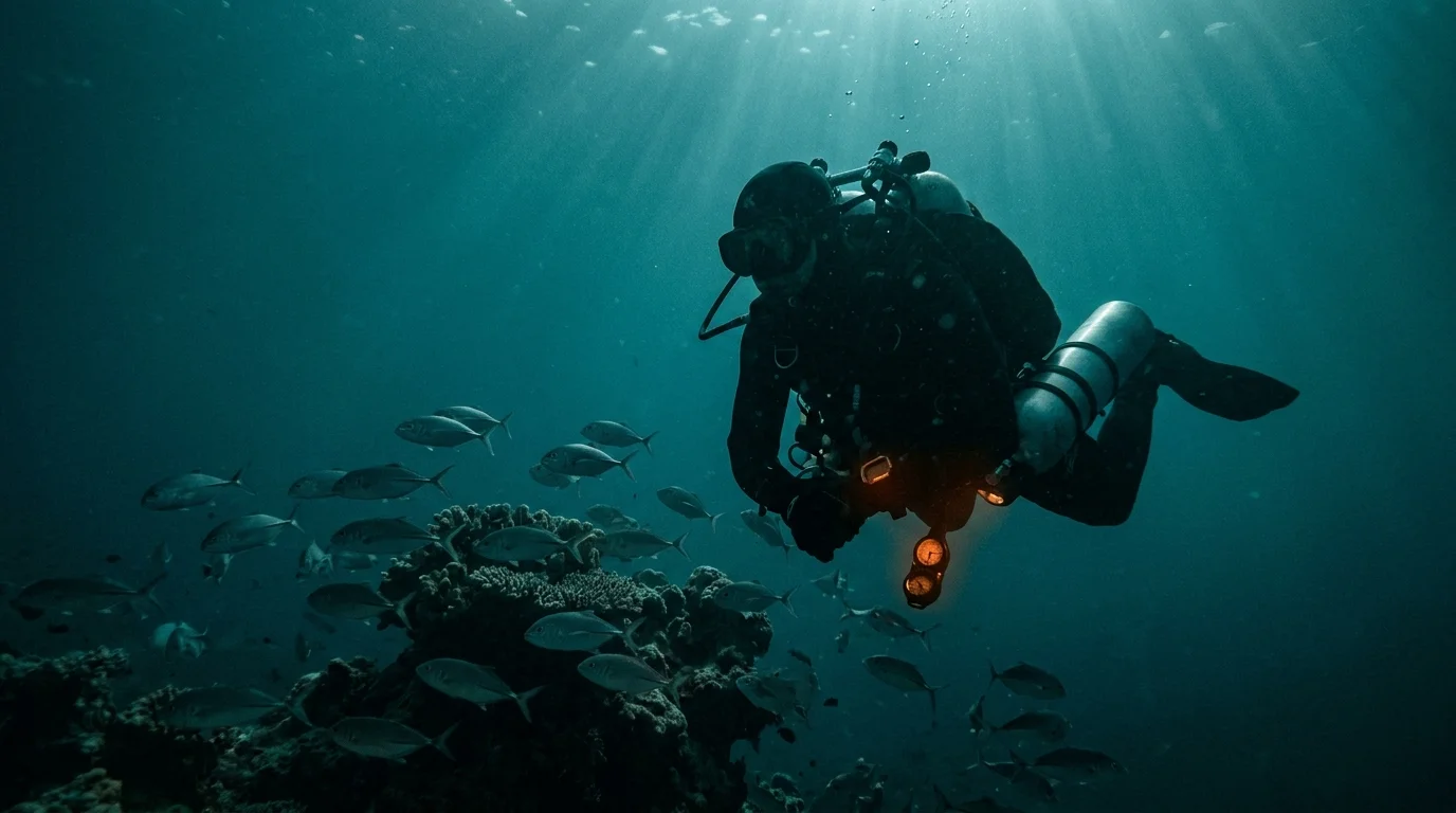 Diver descending along a reef wall